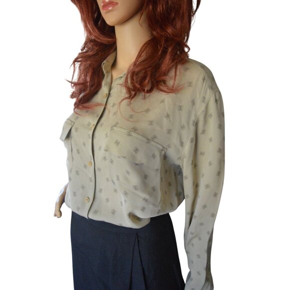 Vintage 90s Calvin Klein Womens Size M Beige Diamond Print Button-Up Blouse - Picture 3 of 8